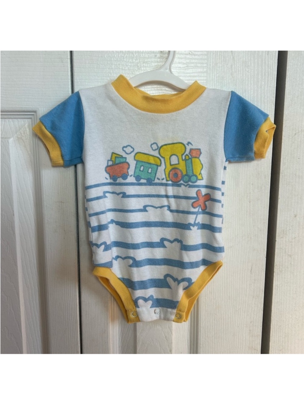 Vintage Love Spun Blue & Yellow Train Print Baby One-Piece